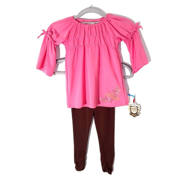 Y2K RED Marc Ecko Baby Set 18M Boho Bell Sleeve Embroidery Top Brown Leggings - Picture 1 of 16